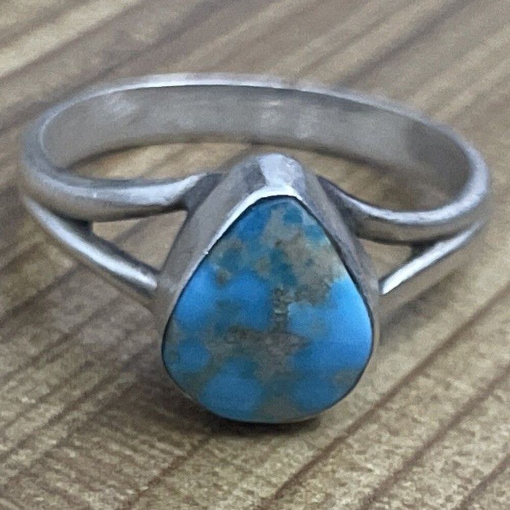 Kingman Turquoise Stamped Sterling Silver Ring Size 8 Southwestern Style